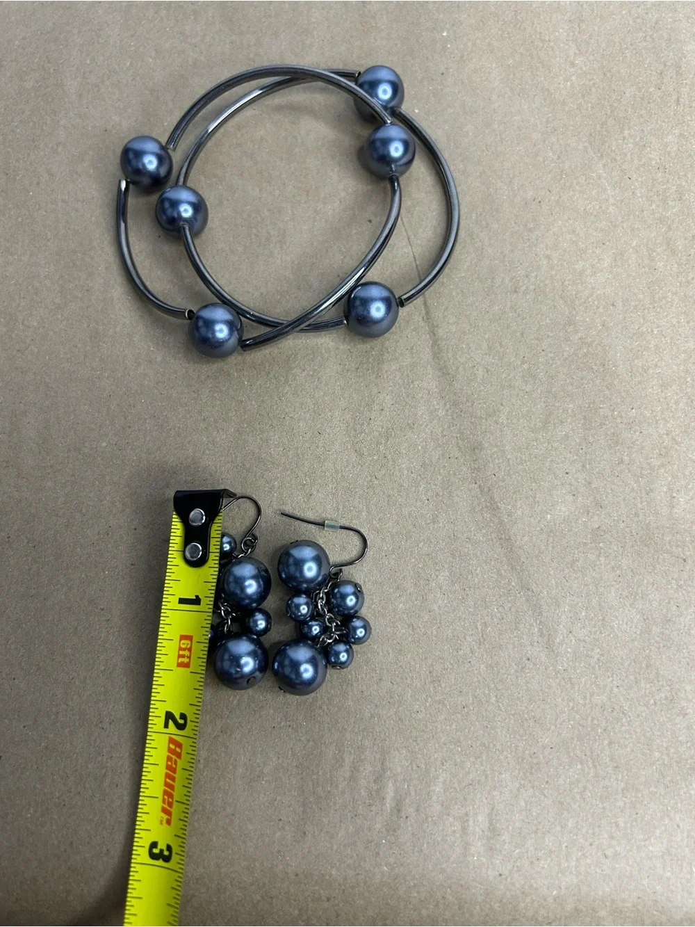 Gunmetal Beaded Coil Bracelet & Matching Cluster Earrings Set